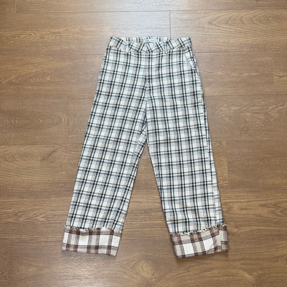 Zara Plaid High Waisted Straight Leg Pants Cream Black Brown Frayed Hem Size 4